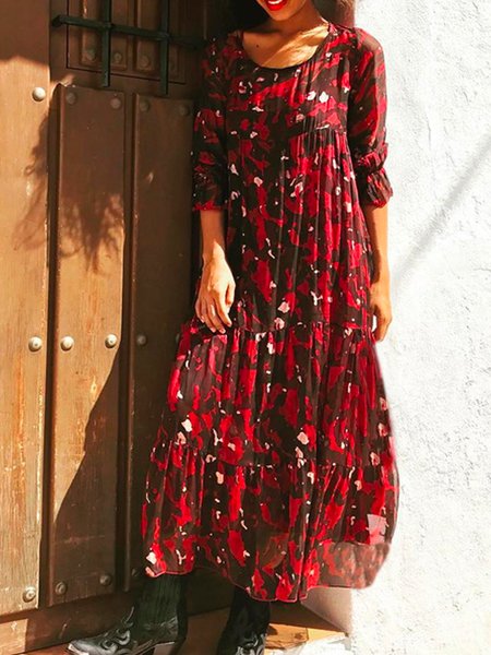 

Geometric Loosen Crew Neck Dresses, Red, Maxi Dresses