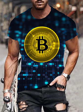 

Casual round neck thin slim-fitting sci-fi virtual currency printing bottoming top T-shirt, As picture, T-shirt