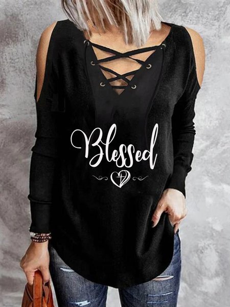 

Blessed Letters Long Sleeves Lace-up V Neck Plus Size Casual Tops, Black, T-Shirts