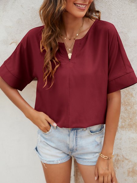 

Casual Plain Loosen Short sleeve tops, Wine red, Tops