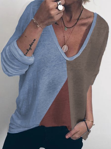 

V Neck Color Block Cotton Blends Loosen Casual Solid Shirts & Tops, Blue, T-Shirts