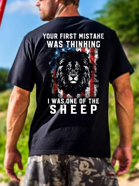 

Lion American Flag Print Crew Neck Short Sleeve T-Shirt, Black, T-shirts