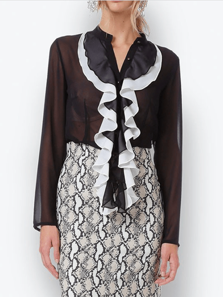 

Spring Elegant Color Block Long sleeve Date Lightweight Tops, Black-white, Tops