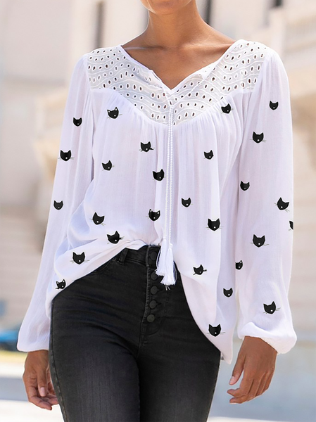 

Plus size Cat Printed Casual Shirts & Tops, White, Tops