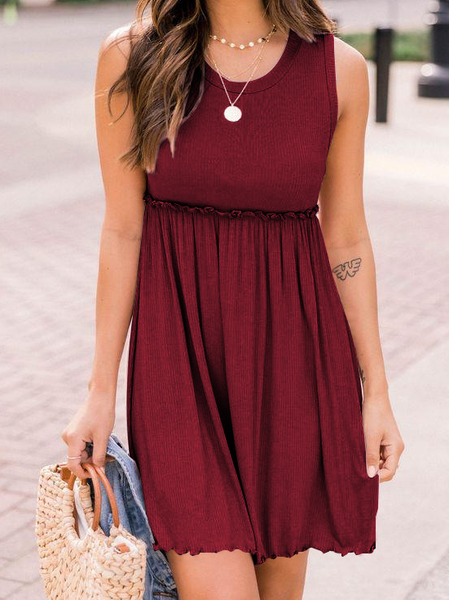 

Casual Crew Neck Short sleeve Knit Dress, Wine red, Mini Dresses