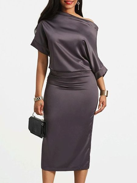 

Elegant Satin Solid Half Sleeve Dress, Gray purple, Midi Dresses