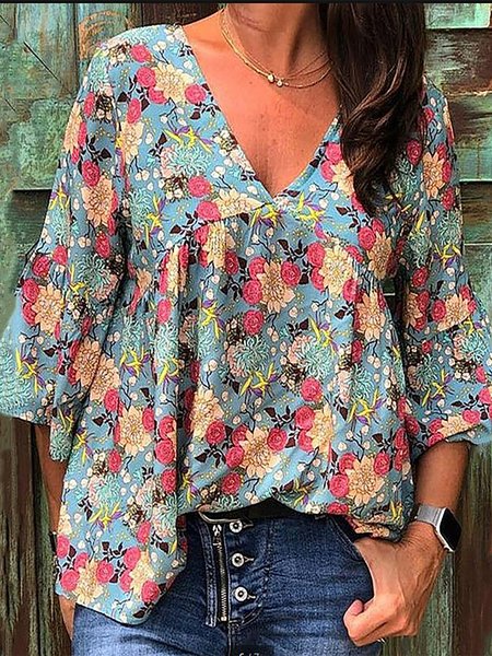 Floral Printed Casual Loosen Three Quarter Sleeves Long sleeve tops, As picture, Tops