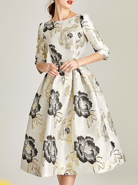 

Regular Fit Floral Boat Neck Midi Dress, Beige, Midi Dresses