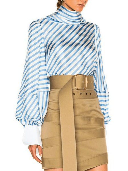 

Spring Long sleeve Stand Collar Striped Lightweight Stand Collar Tops, Stripe, Tops