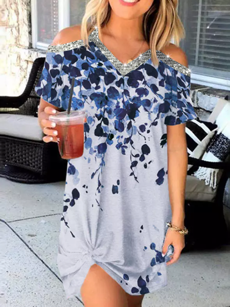 

Floral Cold Shoulder V-Neck Mini Dress - Light Grey V Neck Dresses, Light gray, Mini Dresses