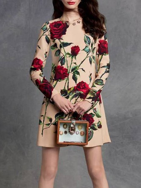 

Floral Elegant Long Sleeve Crew Neck Mini Dress, Red, Mini Dresses