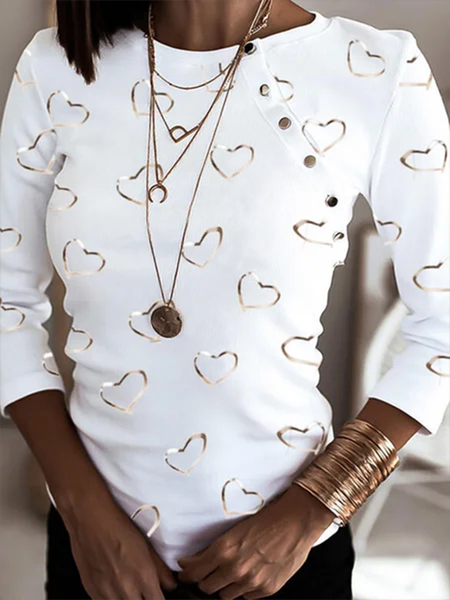 

Heart Crew Neck Buttoned Long Sleeve T-shirt, White, T-Shirts
