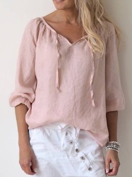 

V Neck Casual Plain Shirts & Tops, Pink, Tops