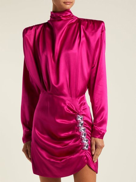 

Elegant Long Sleeve Solid Regular Fit Mini Dress, Rose red, Mini Dresses