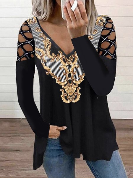 

Loosen Hollow Out Tribal Shirts & Tops, Black, Tops