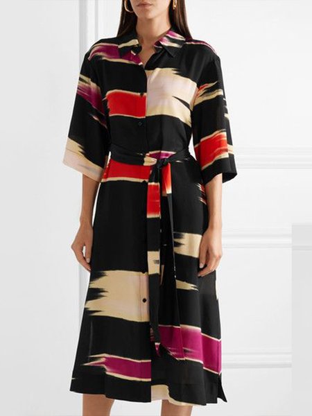 

Daily Half sleeve Regular Fit Casual Shirt Collar Dress, Black, Midi Dresses