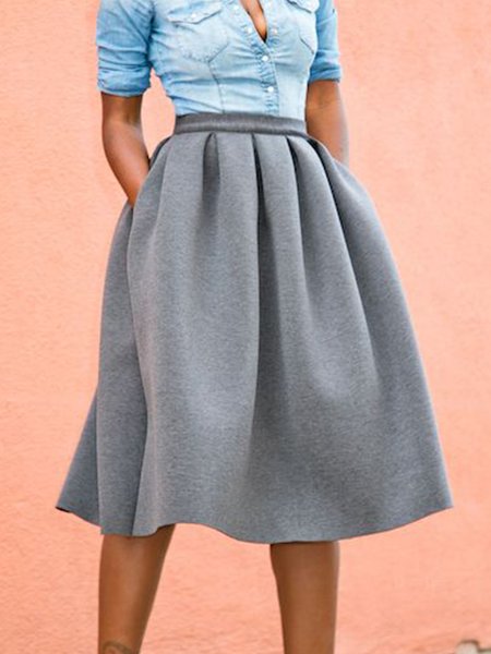 

Simple Regular Fit Solid Skirt, Gray, Midi Skirts