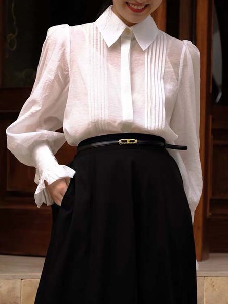 

Loosen Shirt Collar Elegant Plain Top, White, Blouses and Shirts