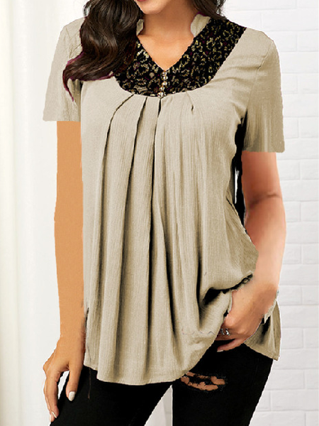 

Plain Loosen V Neck Shirts & Tops, Khaki, Tops