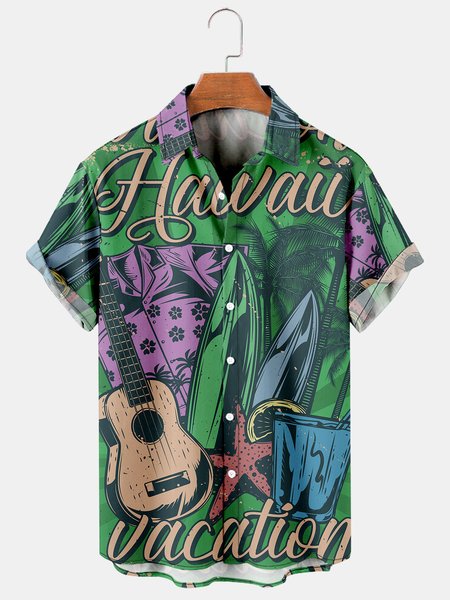 

Mens Printed Casual Breathable Hawaiian Short Sleeve Shirt, Green, Men's Floral shirt