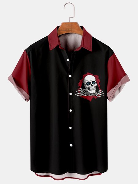

Creative 3D Skull Graphic Short Sleeve Casual Men's Shirt, As picture, Men's Floral shirt