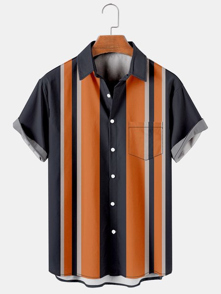 

Retro Strips Graphics Short Sleeve Casual Men's Shirt, Black, Men's Floral shirt