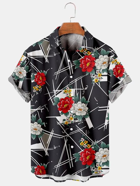 

Retro Floral Graphic Short Sleeved Casual Men's Shirt, As picture, Men's Floral shirt