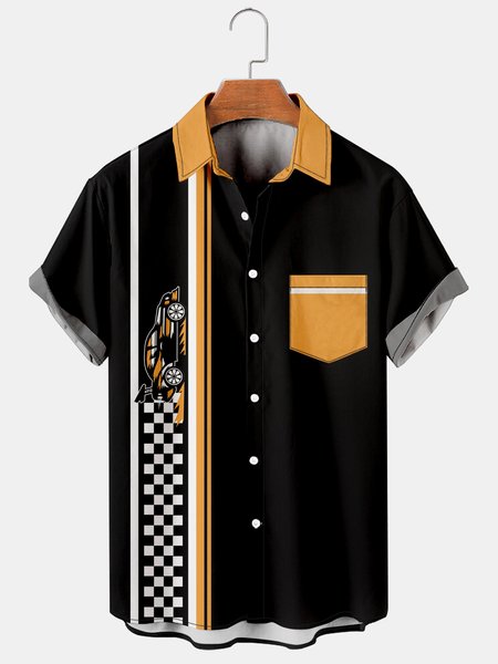 

Retro Racing Graphics Short Sleeve Casual Men's Shirt, Black, Shirts ＆ Blouse