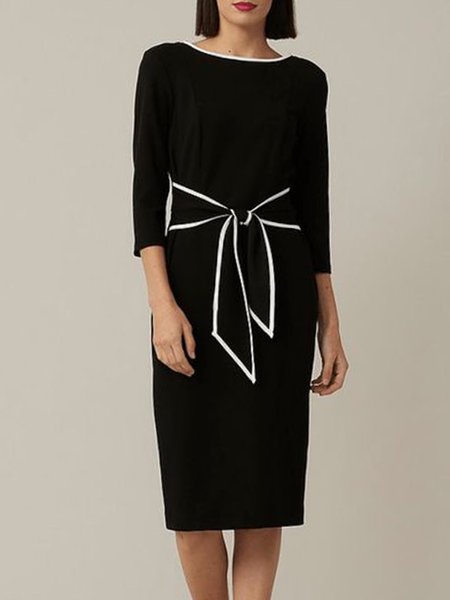 

Elegant Crew Neck Color Block Three Quarter Dress, Black, Midi Dresses