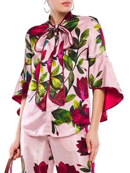 

Floral Daily Elegant Tie Neck Shirt, Pink, Blouses and Shirts