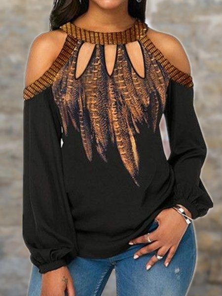 

Romantic Hollow Out Cotton Blends Feather Sexy Crew Neck Shirts & Tops, Black, T-Shirts