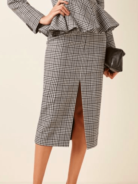 

Spring Grid Regular Fit Lightweight Non-Stretch Zipper fly Skirts, Gray, Midi Skirts