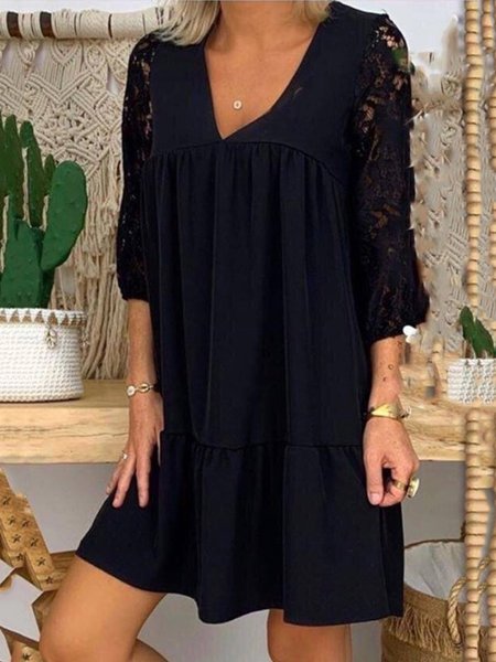 

Casual Three Quarter V Neck Plus Size Dress, Black, Mini Dresses