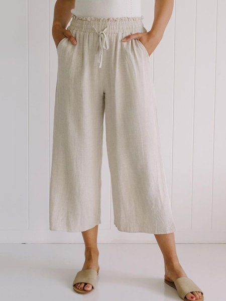 

Pockets Plain Cotton Blends Pants, Beige, Pants