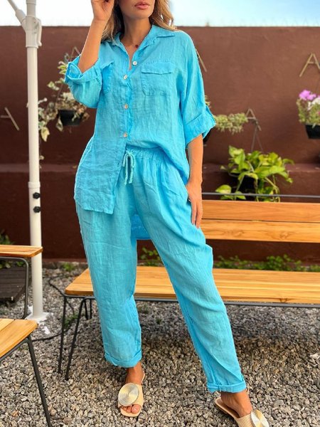 

Casual Lapel Solid Loosen Long Sleeve Suits, Blue, Two-piece Outfits