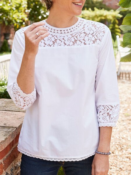 

Lace Cotton Blends Loosen Solid Shirts & Tops, White, Tops