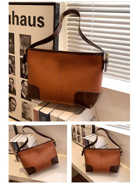 Ladies Contrast PU Leather Stitching Tote Bag, Light brown, Women's Bags