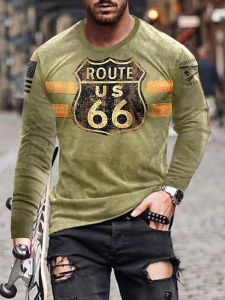Route 66 Graphic Casual Long Sleeve Tee, As picture, T-shirt