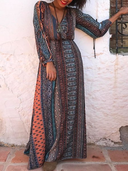 

Casual ethnic pattern printing v-neck long-sleeved dress, Multicolor, Maxi Dresses