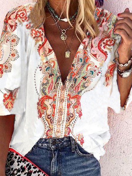

Loosen Romantic Floral V Neck Boho Vacation Shirts & Tops, Flower, Tops