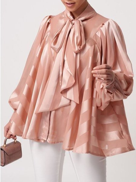 

Elegant Tie Neck Striped Long Sleeve Top, Pink, Blouses and Shirts