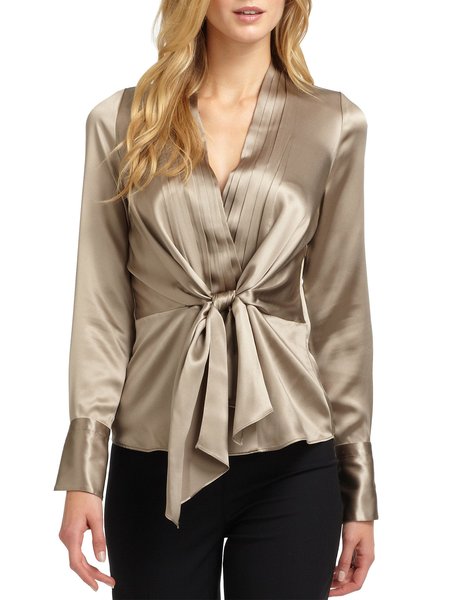 

Elegant Cross Front Long Sleeve Regular Fit Solid Top, Metallic, Tops