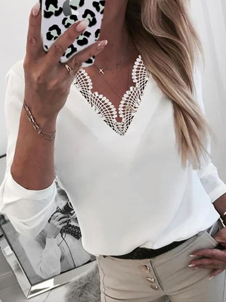 

Solido Scollo a V Maniche Lunghe Casuale Top, Bianco, Blouses & Shirts