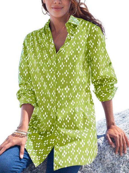 

Casual Long Sleeve Shirt Collar Plus Size Printed Tops Blouses, Green, Blouses & Shirts