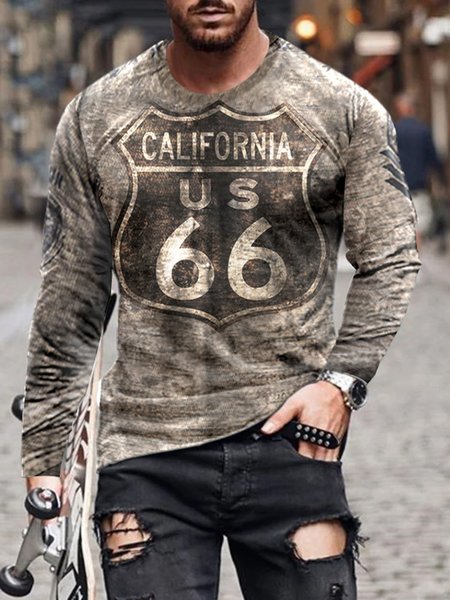 

Route 66 Graphic Casual Long Sleeve Tee, As picture, T-shirt