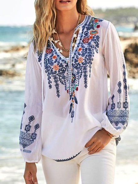 

Casual Floral V Neck Loosen Long Sleeve Shirts & Tops, Blue, Tops