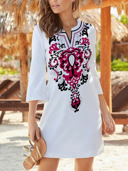 

Casual Three Quarter V Neck Plus Size Printed Dress, White, Mini Dresses