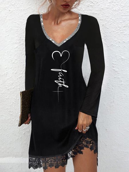 

Sexy Cotton Blends V Neck Long sleeve Knit Dress, Black, Mini Dresses
