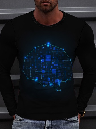

Casual round neck sci-fi electronic brain print pullover men's T-shirt, Black, T-shirt