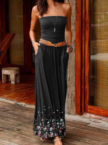 

Vacation style tube top dress print long skirt, Black, Maxi Dresses